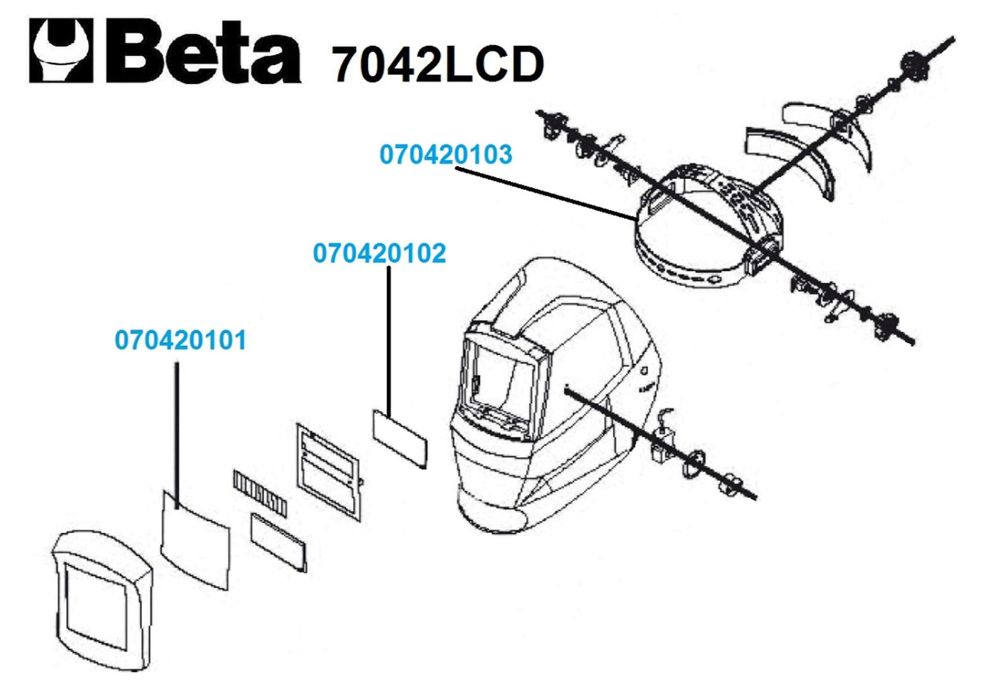 Beta 7042LCD Maschera LCD ad oscuramento automatico, per saldatura ad elettrodo; MIG/MAG; TIG e plasma. Alimentazione a celle solari e batterie al litio per una durata eccezionale del filtro LCD