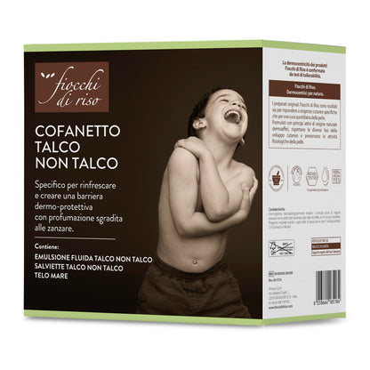 Fiocchi di Riso - COFANETTO TALCO - Kit specifico per rinfrescare e creare una barriera dermo-protettiva con profumazione sgradita alle zanzare. Talco NON Talco emulsione e salviettine - IDEA REGALO