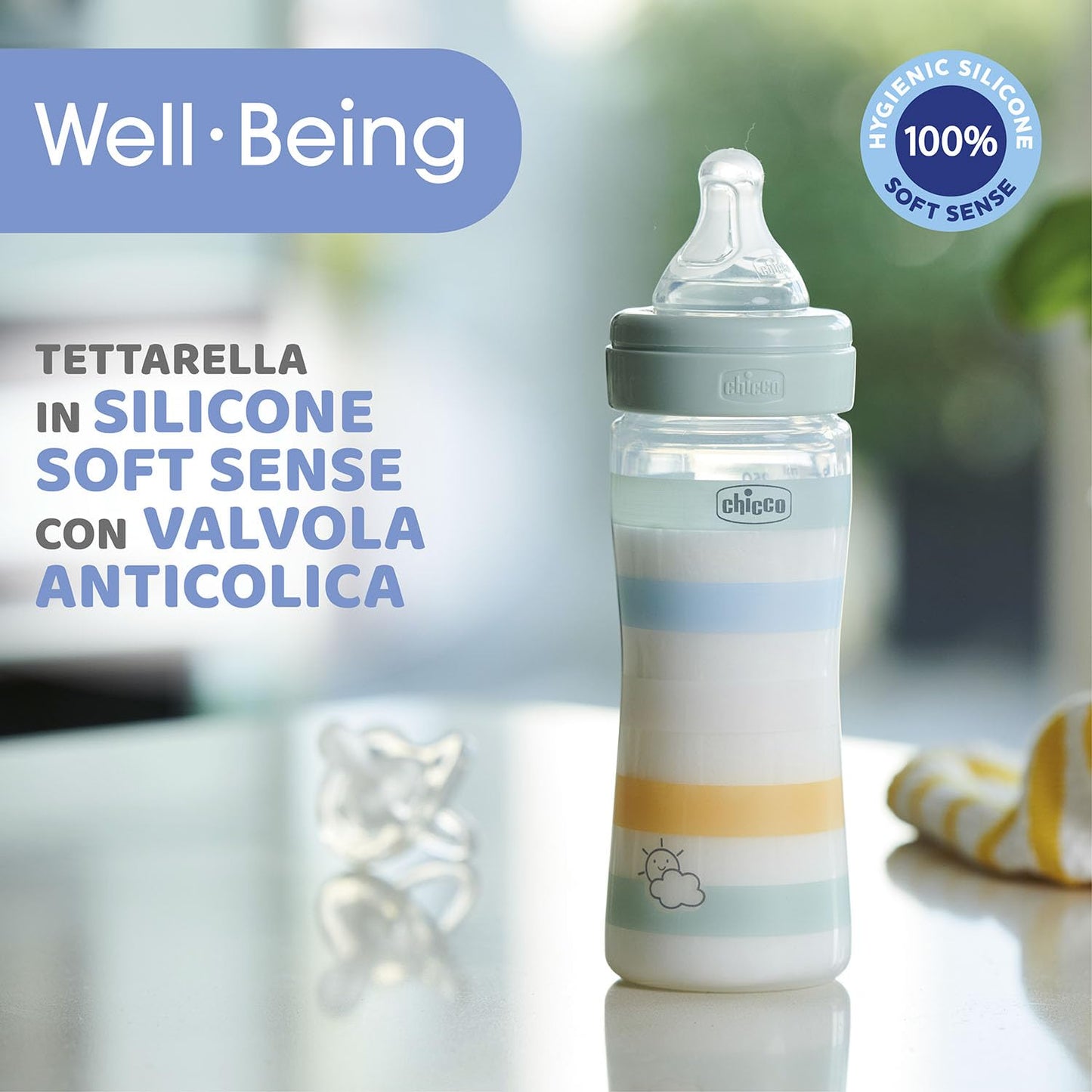 Biberon Benessere Flusso Medio, con Tettarella Physio in Morbido Silicone e Finitura Soft Sense, Anticolica, Riduce Rigurgito e Irritabilità, Bottiglia in Plastica da 250 ml, 2 Mesi+, Bambino