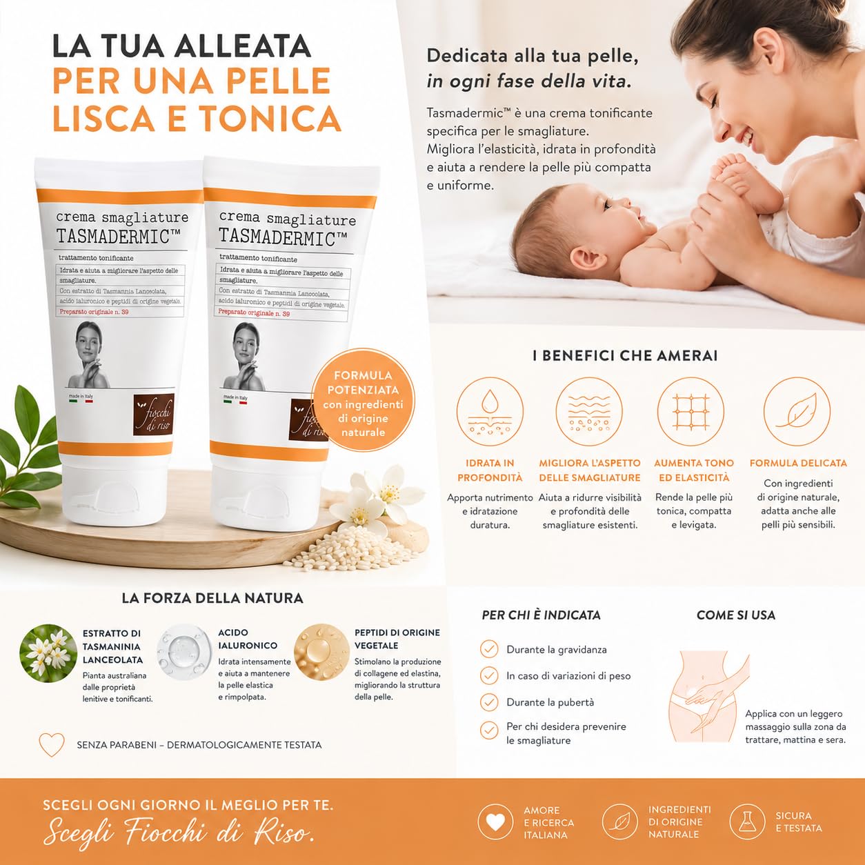 Fiocchi di Riso Crema Smagliature TASMADERMIC™ con Acido Ialuronico e Peptidi Vegetali, Trattamento Tonificante, 2 Pezzi