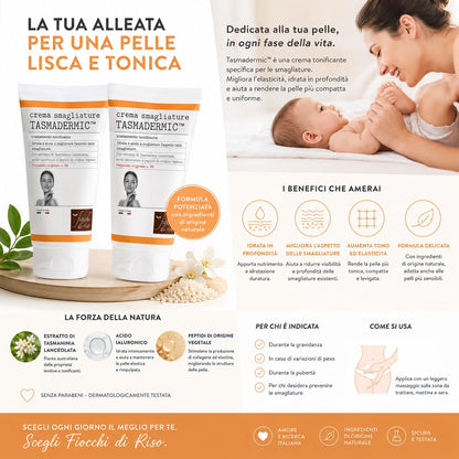 Fiocchi di Riso Crema Smagliature TASMADERMIC™ con Acido Ialuronico e Peptidi Vegetali, Trattamento Tonificante, 2 Pezzi
