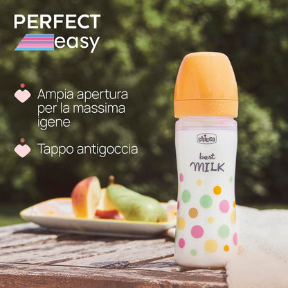 Chicco Biberon Perfect Easy Flusso Medio, con Tettarella Physio in Morbido Silicone e Finitura Soft Sense, Anticolica, Riduce Rigurgito e Irritabilità, Bottiglia in Plastica da 250ml, 2Mesi+, Bambina