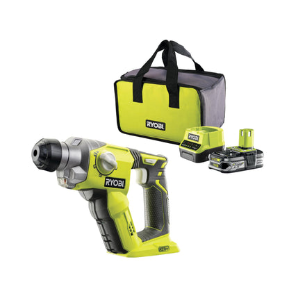RYOBI Martello perforatore a batteria 18 V ONE+ R18SDS-125S (energia d'impatto 1,3 J, diametro massimo di foratura in legno/muratura/acciaio 16/16/13 mm, con batteria da 2,5 Ah e caricatore in borsa