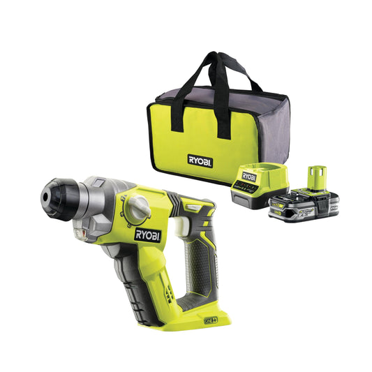 RYOBI Martello perforatore a batteria 18 V ONE+ R18SDS-125S (energia d'impatto 1,3 J, diametro massimo di foratura in legno/muratura/acciaio 16/16/13 mm, con batteria da 2,5 Ah e caricatore in borsa