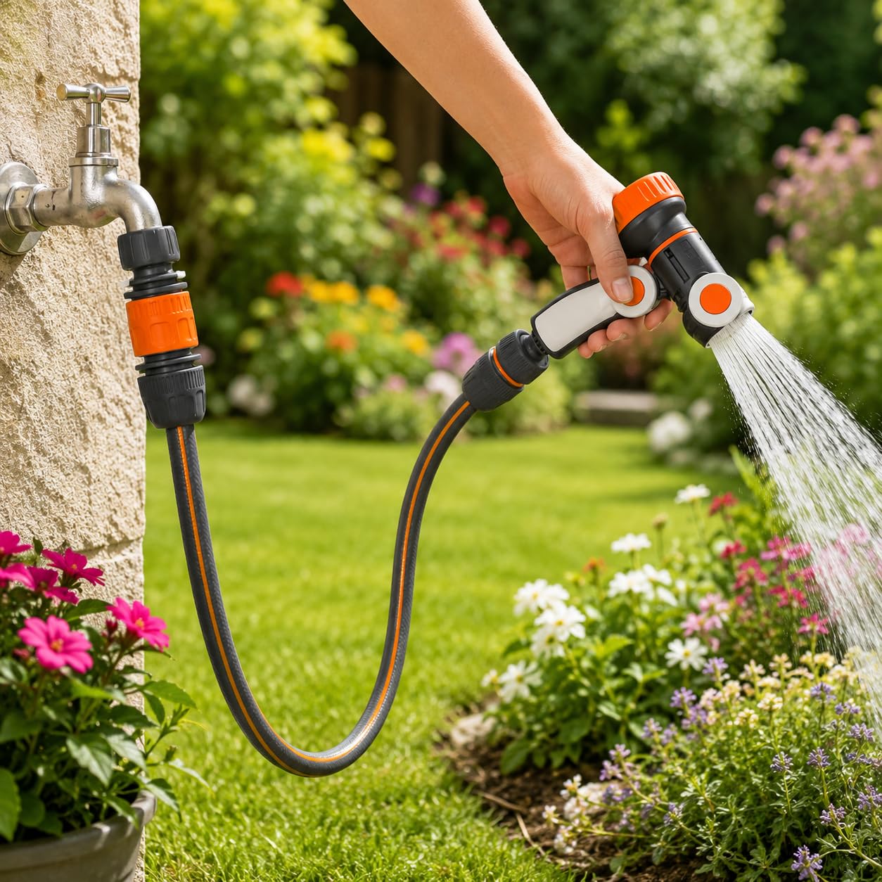 Kit Irrigazione con Lancia Regolabile e Raccordi 3/4, Sgancio Rapido, Adatto a Tubi 12-15mm, Adattatore 1/2" e 3/4", 4 Pezzi Inclusi, Spruzzo Regolabile