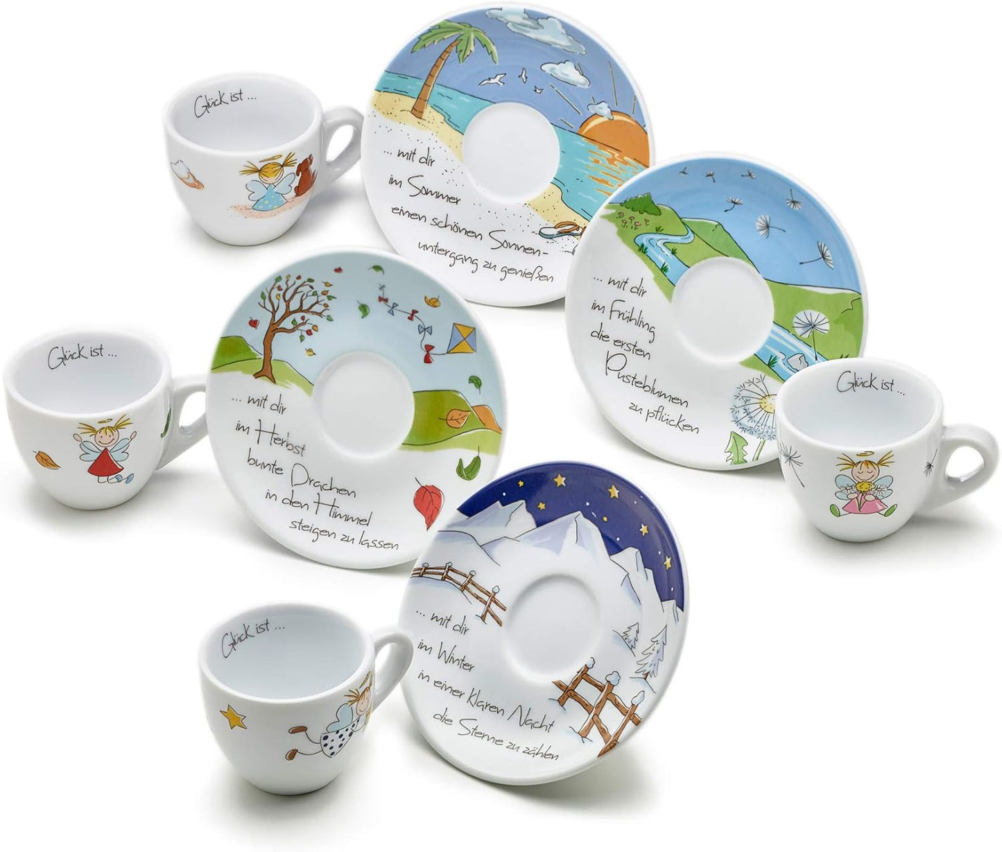 Set di 4 tazzine da caffè con pareti spesse, Art Collection Design "Quattro stagioni", idea regalo di Heaven and Angels, tazzine per caffè espresso con angeli, colorate