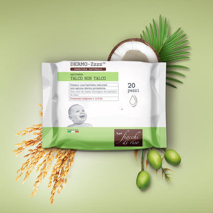 Fiocchi di Riso - COFANETTO TALCO - Kit specifico per rinfrescare e creare una barriera dermo-protettiva con profumazione sgradita alle zanzare. Talco NON Talco emulsione e salviettine - IDEA REGALO