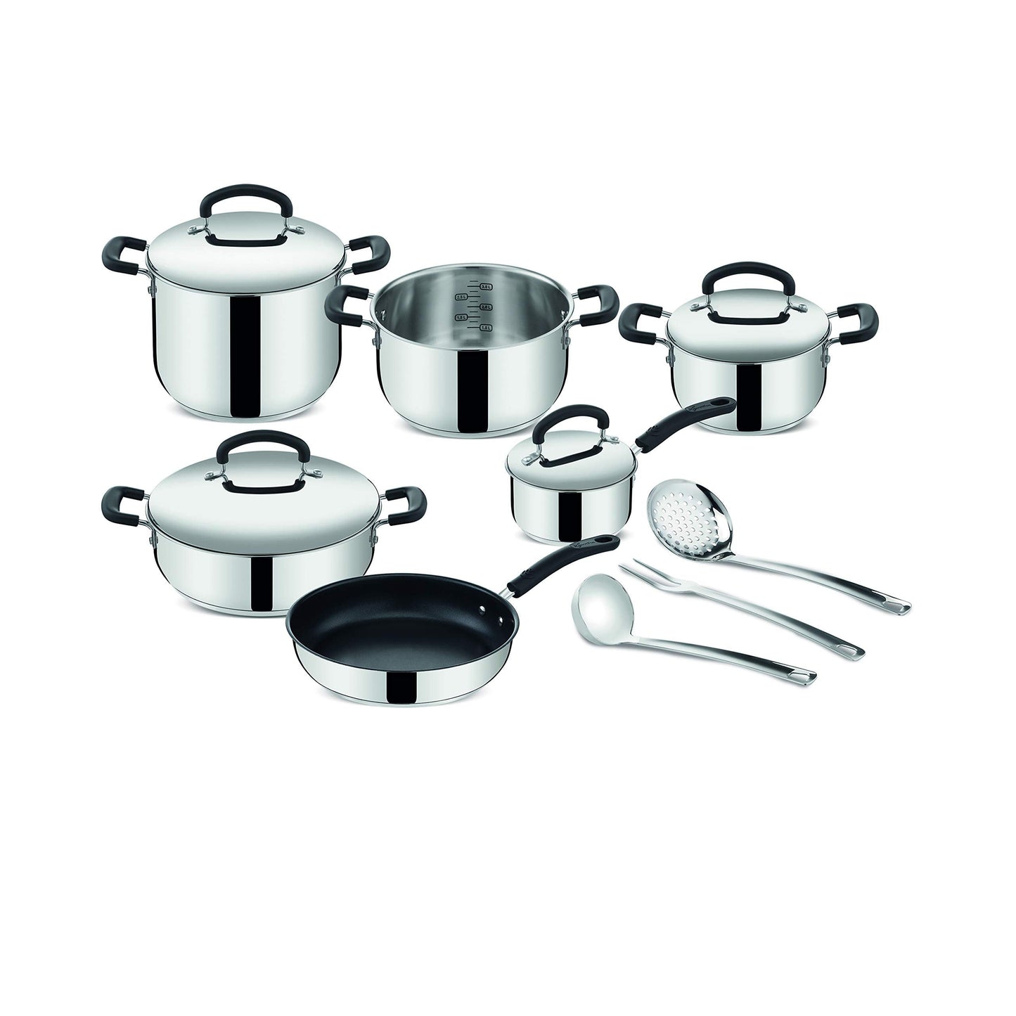 Lagostina Pratica Set di Pentole Induzione, in Acciaio Inox 18/10, 13 Pezzi, Batteria con 4 Casseruole, Pentola, Padella Antiaderente, Mestolo, Schiumarola, Prendispaghetti, 4 Coperchi
