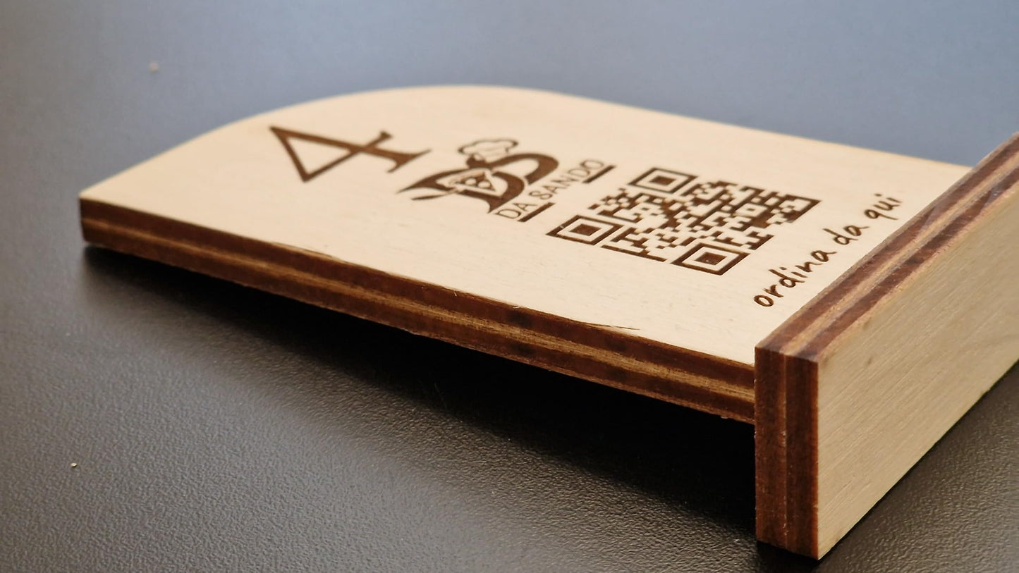 Segnatavolo Numerato in Legno 80mm x h120mm per Ristotante Pizzeria | Segnatavoli Personalizzabili con Logo e Codice QR menù Digitale | Incisione Fronte-Retro