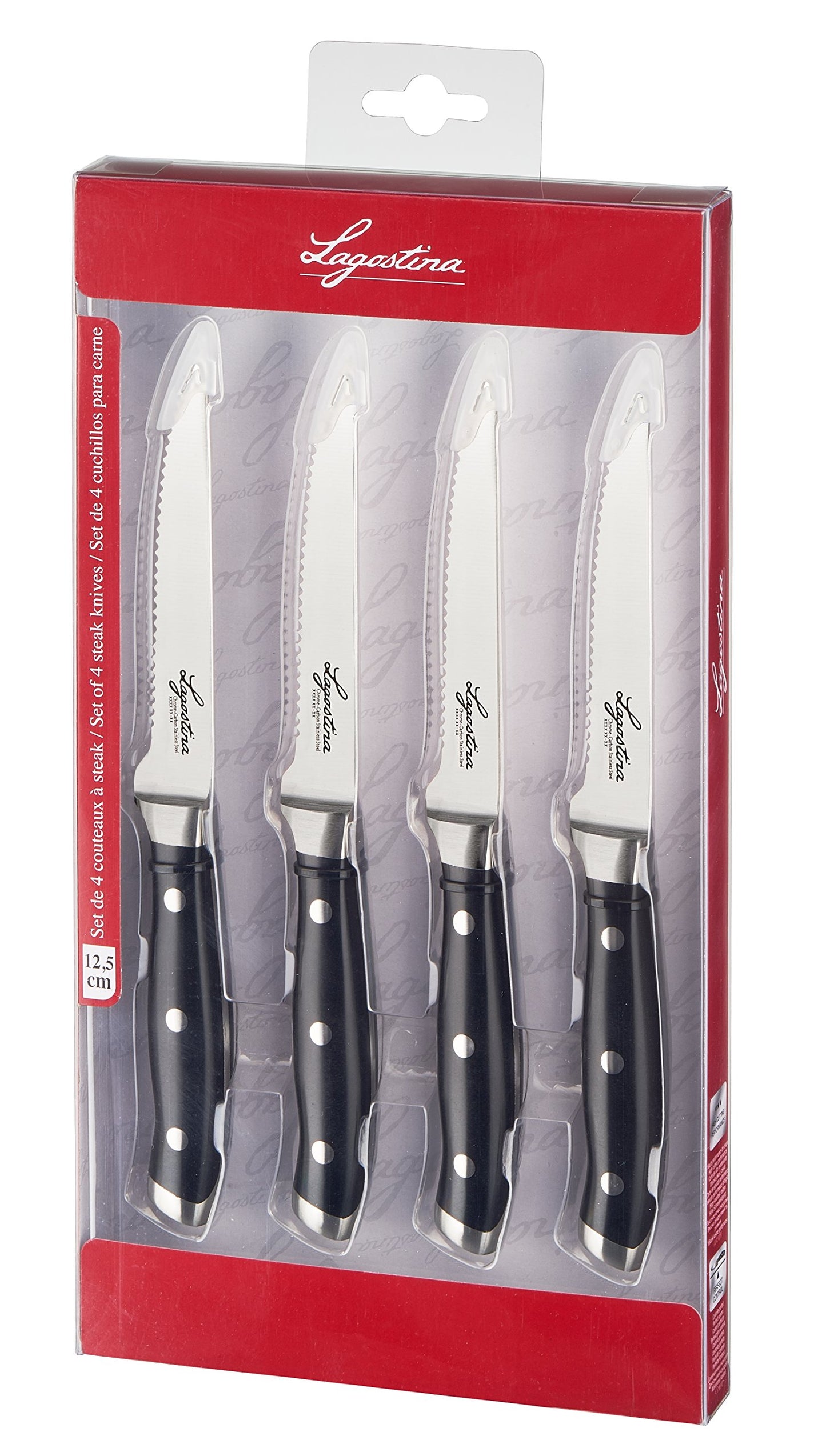 Lagostina Set 4 Coltelli Bistecca Forgiati, Inossidabile, Manicatura Ergonomica, Nero e Acciaio, Lunghezza Lama 12 cm