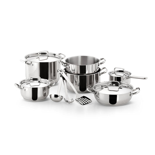 Lagostina Set di Pentole Induzione, Gas e Forno in Acciaio Inox 18/10, 13 Pezzi, Fondo Lagoseal Plus Triplo Strato, Batteria Pentole con 4 Casseruole, 2 Pentole, 4 Coperchi, 3 Utensili Cucina