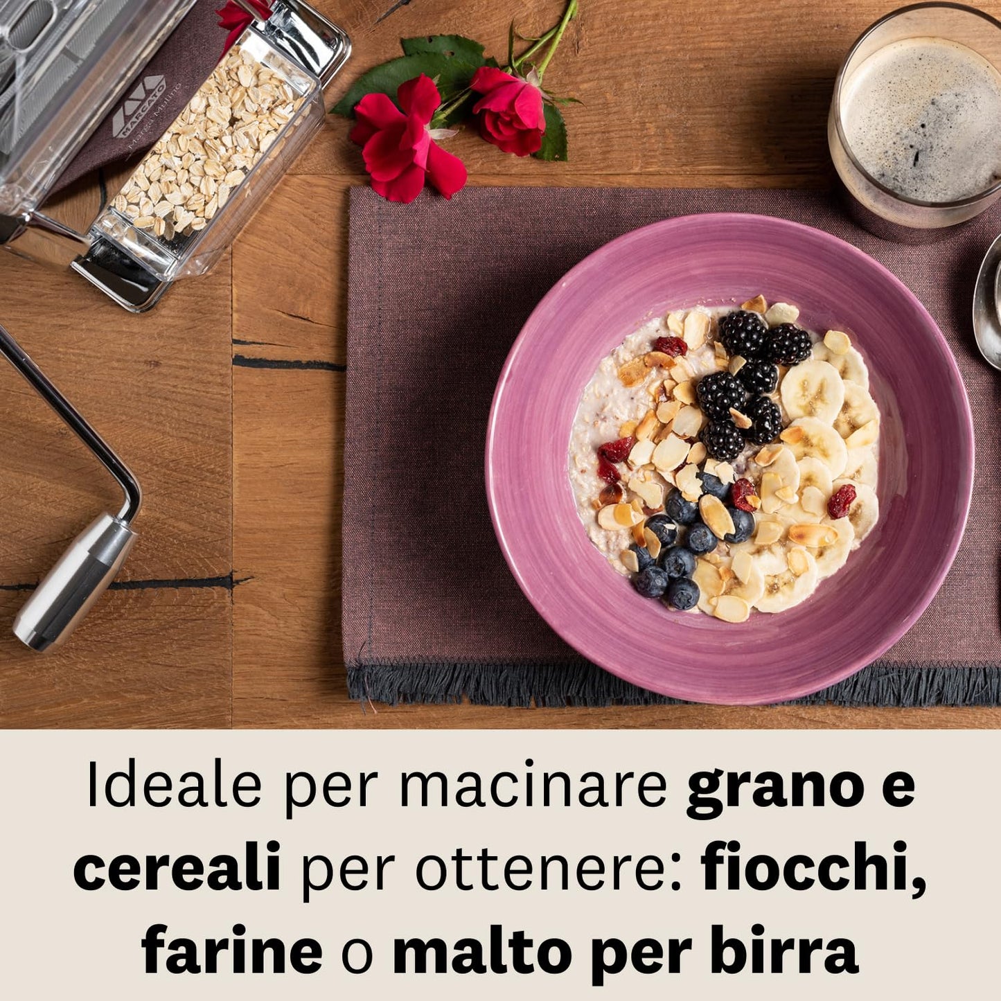 Marcato Mulino per Cereali, Macina Cereali, Macchina per Farina Fatta in Casa, in Acciao e Alluminio, 6 Posizioni di Macinatura, 2 Finiture per Fiocchi o Farina, Made in italy. Modello: Marga Mulino