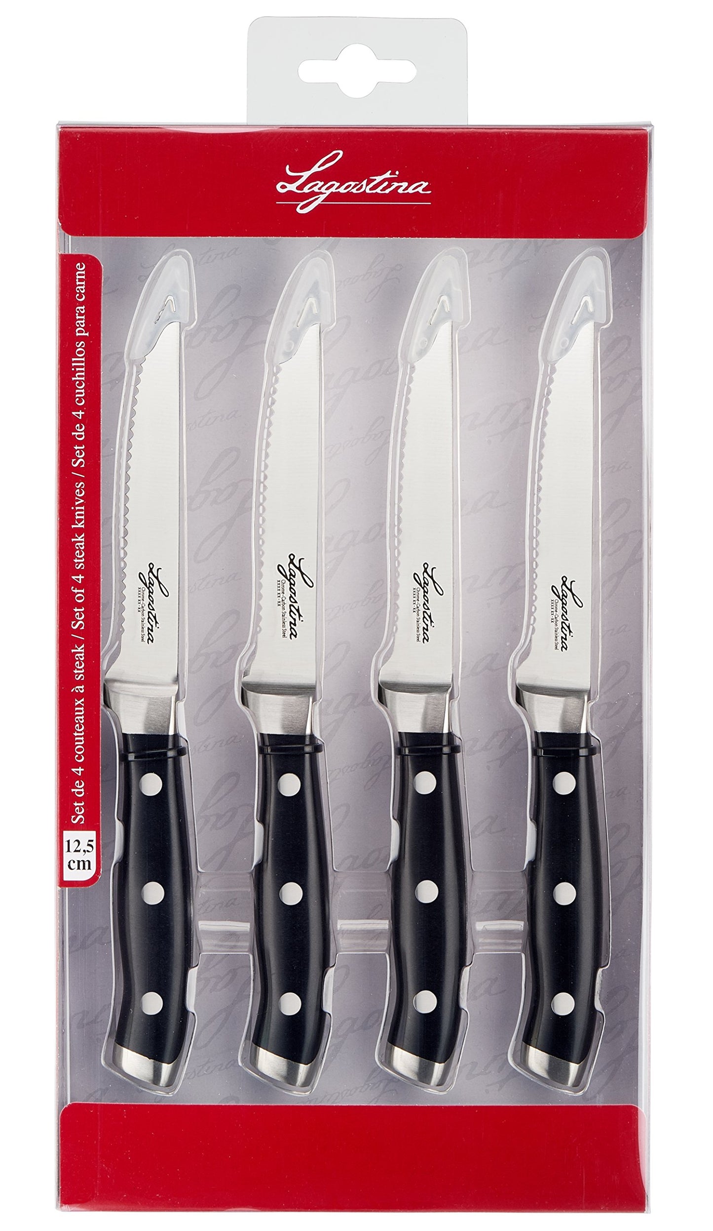 Lagostina Set 4 Coltelli Bistecca Forgiati, Inossidabile, Manicatura Ergonomica, Nero e Acciaio, Lunghezza Lama 12 cm