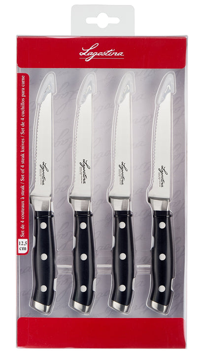 Lagostina Set 4 Coltelli Bistecca Forgiati, Inossidabile, Manicatura Ergonomica, Nero e Acciaio, Lunghezza Lama 12 cm