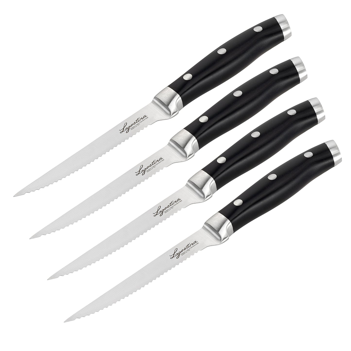 Lagostina Set 4 Coltelli Bistecca Forgiati, Inossidabile, Manicatura Ergonomica, Nero e Acciaio, Lunghezza Lama 12 cm