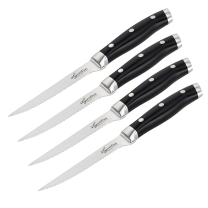 Lagostina Set 4 Coltelli Bistecca Forgiati, Inossidabile, Manicatura Ergonomica, Nero e Acciaio, Lunghezza Lama 12 cm