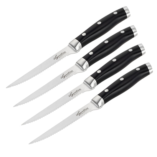 Lagostina Set 4 Coltelli Bistecca Forgiati, Inossidabile, Manicatura Ergonomica, Nero e Acciaio, Lunghezza Lama 12 cm