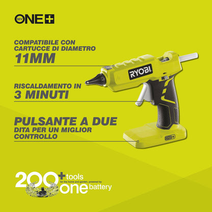 Ryobi R18GLU-0 Pistola per Colla a Caldo a Batteria 18V ONE+, Batteria non Inclusa, Si Riscalda in 3 Minuti, Autonomia fino a 60 Cartucce