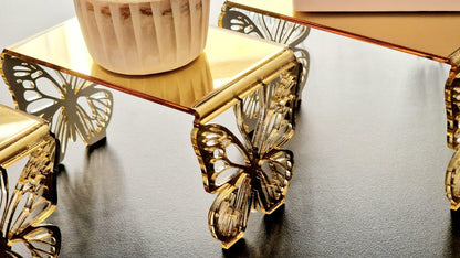 Set di 3 Alzatine Decorative con Farfalle, Base in Plexiglass Dorato o Trasparente, per Catering ed Esposizione | Alzate Originali per Eventi, Wedding, Comunione (Oro Specchiato)
