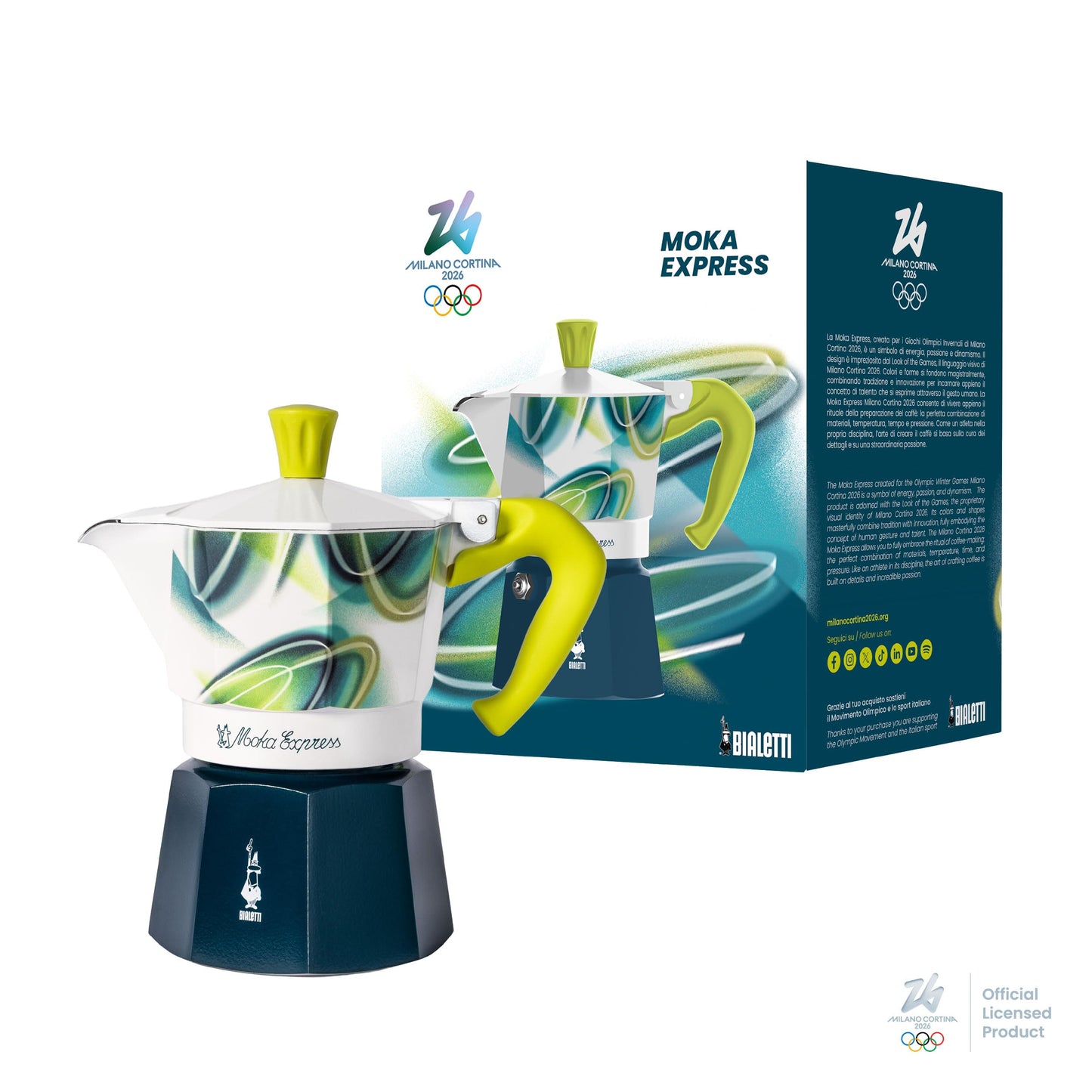 Bialetti Moka Express da 3 Tazze (130 ml) MICO, Edizione Speciale Milano Cortina 2026, Caffettiera in Alluminio, Non adatta a Induzione, Manico Ergonomico anti scottatura