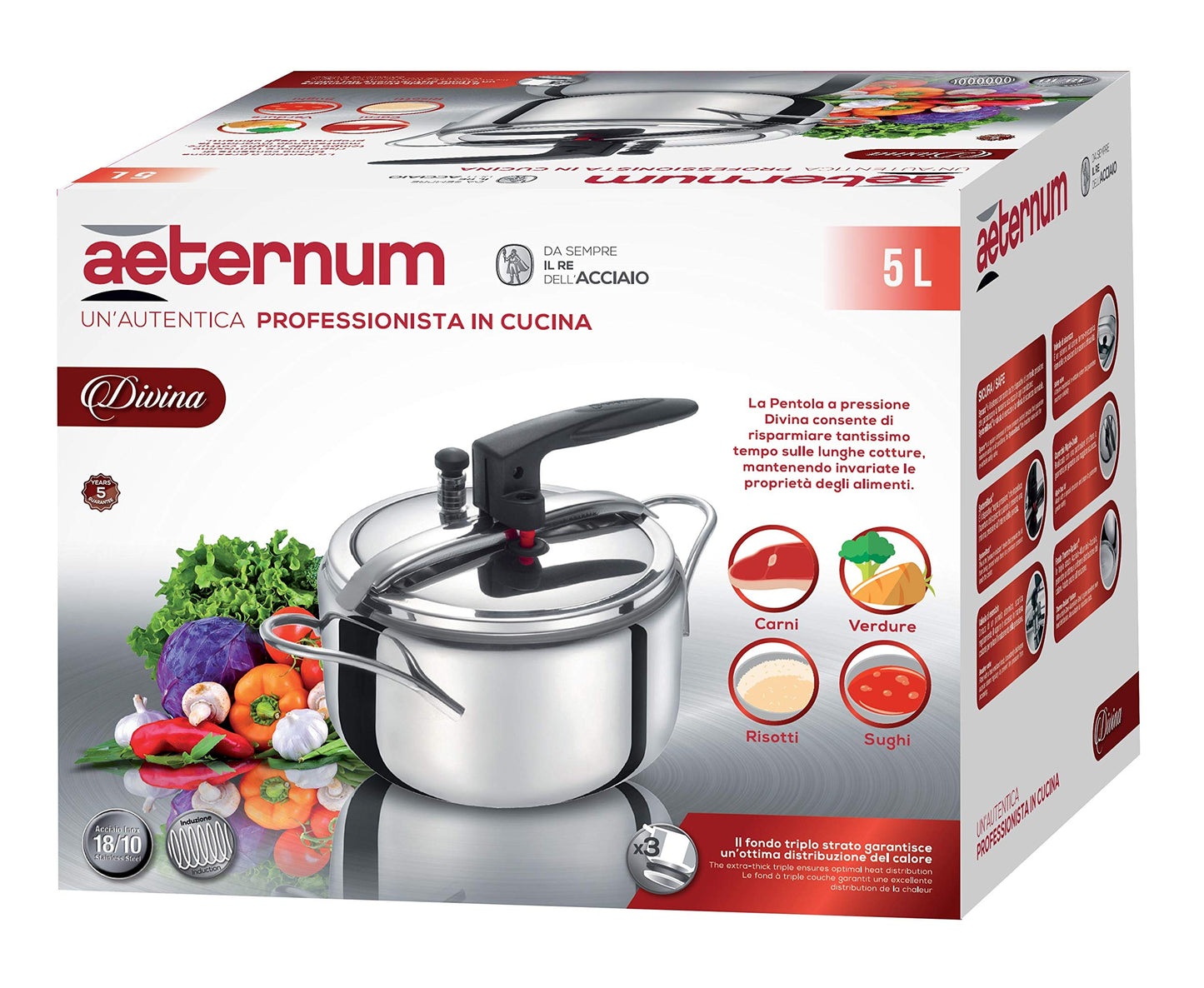 Aeternum Divina - Pentola a Pressione da 5 Litri con Valvola di Sicurezza, Acciaio Inox, Adatta all'induzione, Argento/Antracite