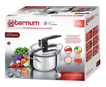 Aeternum Divina - Pentola a Pressione da 5 Litri con Valvola di Sicurezza, Acciaio Inox, Adatta all'induzione, Argento/Antracite