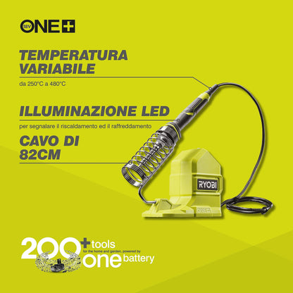 Ryobi RSI18-0 Soldering Iron 18V ONE+, Battery Not Included, for Precision Work, Adjustable Temperature from 200° to 480° C, Ergonomic Handle, LED Light Included
