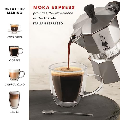 Bialetti Moka Express Caffettiera, Manico Anti Scottatura, Non Adatta A Induzione, Alluminio, Argento, 3 Tazze (130 ml)