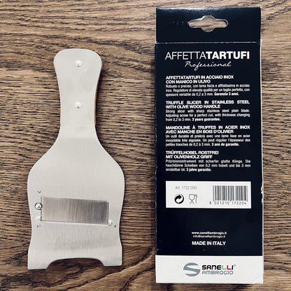 Sanelli Ambrogio - Linea Affettatartufi - Affettatartufi in Acciaio Inox. Manico in Ulivo, Ergonomico ed Antiscivolo. Regolatore di qualità per un taglio preciso. Lama liscia, Acciaio Inox, Legno