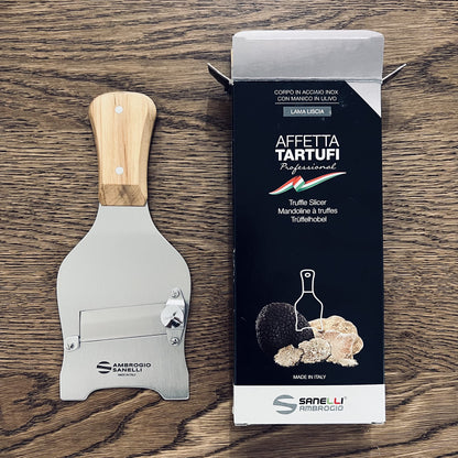 Sanelli Ambrogio - Linea Affettatartufi - Affettatartufi in Acciaio Inox. Manico in Ulivo, Ergonomico ed Antiscivolo. Regolatore di qualità per un taglio preciso. Lama liscia, Acciaio Inox, Legno