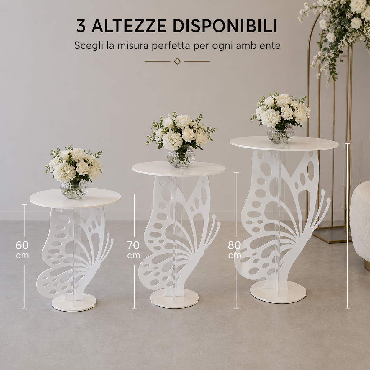 Alzata Butterfly, Tavolino in Plexiglass, Design a Farfalla, Bianco, Made in Italy, per Showroom ed Eventi, Wedding e Allestimenti