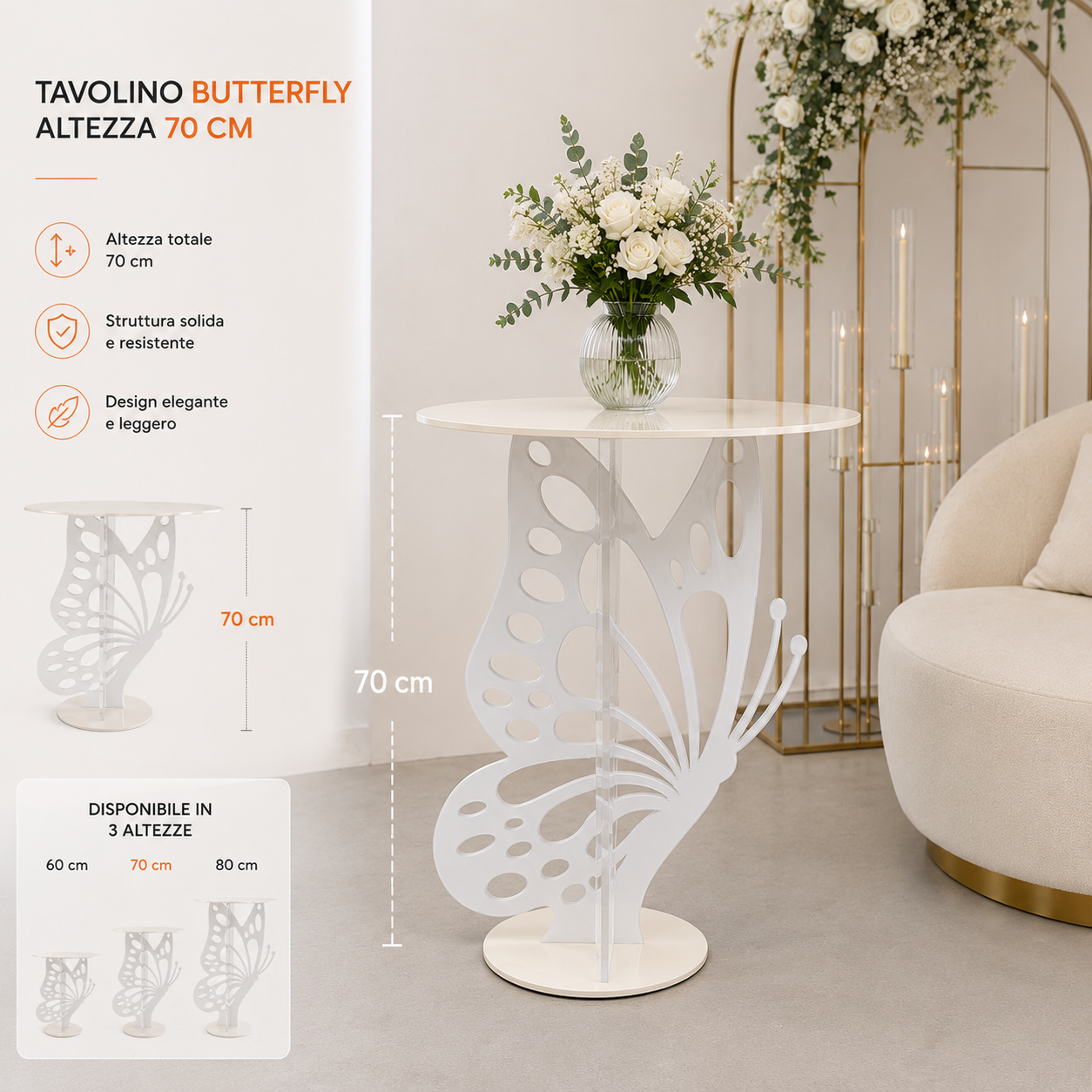 Alzata Butterfly, Tavolino in Plexiglass, Design a Farfalla, Bianco, Made in Italy, per Showroom ed Eventi, Wedding e Allestimenti