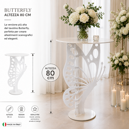 Alzata Butterfly, Tavolino in Plexiglass, Design a Farfalla, Bianco, Made in Italy, per Showroom ed Eventi, Wedding e Allestimenti