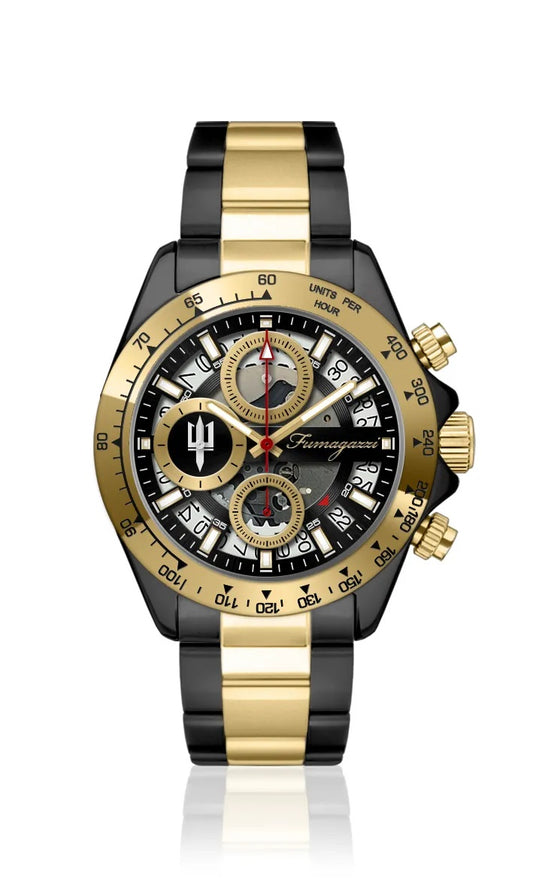 Orologio Fumagazzi Blasphemo Romagnolo | ø39 mm Cassa acciaio con Ghiera tachimetrica IP gold, Movimento cronografo meca-quarzo, Cinturino Acciaio, 5 ATM.