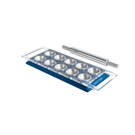 Marcato Stampo per Ravioli, Macchina per Ravioli, Forme per Ravioli Fatti in Casa, Taglio Quadrato da 50 mm, Mattarello in Alluminio Incluso, Made in Italy. Modello: Ravioli Tablet, Blu