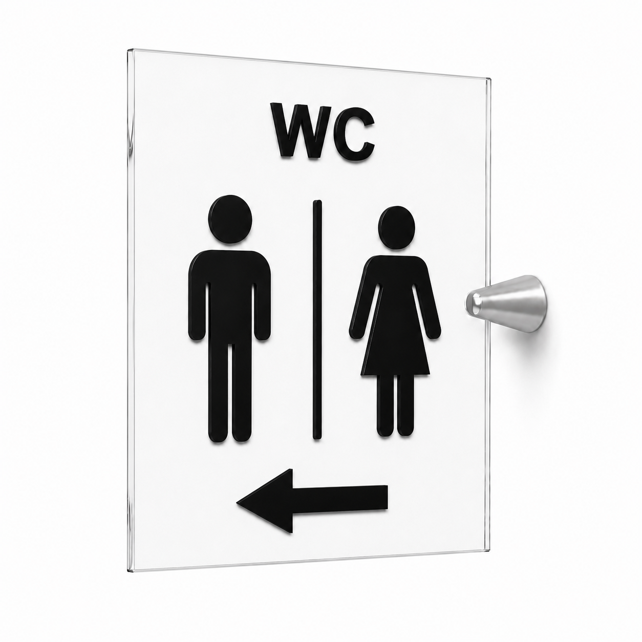Cartello WC Donna, o Uomo a Bandiera in Plexiglass Trasparente, con Pittogrammi Neri in Rilievo, 15x20 cm, con Supporto in Metallo,