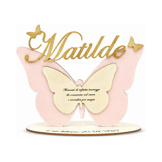 Scritta in Legno Personalizzata 8mm Farfalla | Nome Inciso al Laser 25 cm | Topper per Tavolo Torta, Gadget o Decorazione Lavorazione Doppia, Doppio colore in Rilievo.