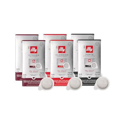 ILLY Selezione di 108 Cialde di caffè | Degustazione di 6 Confezioni da 18 Cialde caffe ESE Monodose, Tostatura Intenso, Forte