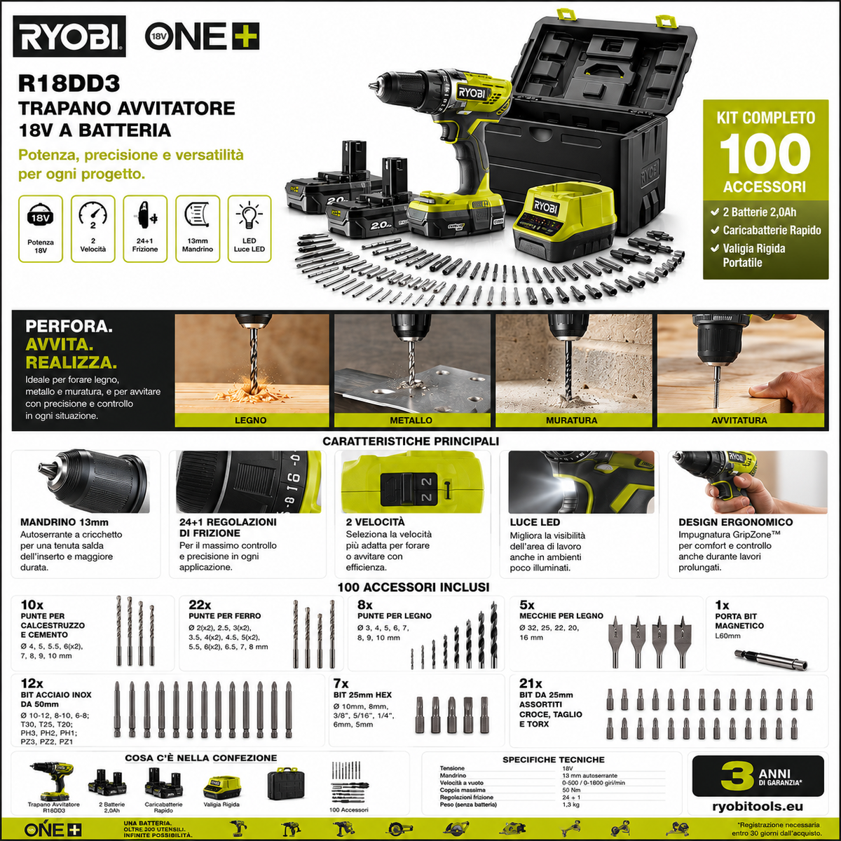 RYOBI R18DD3 Trapano Avvitatore 18V a Batteria, Con Valigia + 100 Accessori Inclusi | 2 Batterie 2,0Ah e Caricabatterie Rapido