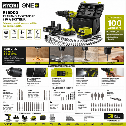 RYOBI R18DD3 Trapano Avvitatore 18V a Batteria, Con Valigia + 100 Accessori Inclusi | 2 Batterie 2,0Ah e Caricabatterie Rapido