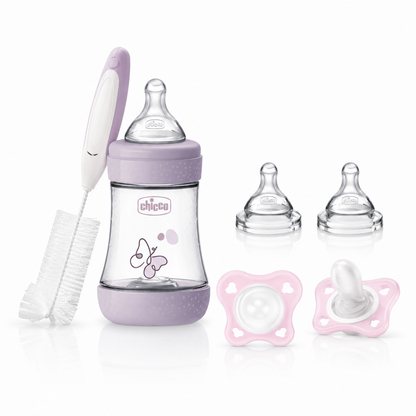 Starter kit Chicco, Biberon Perfect5, Tettarelle di Ricambio, 2 Ciucci Gommotti e Scovolino per la Pulizia Interna