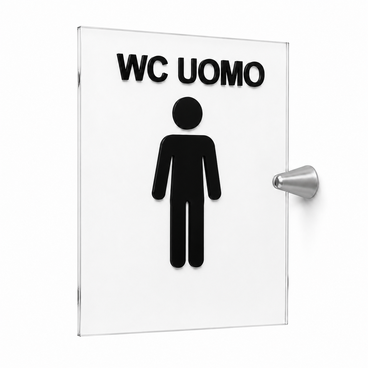 Cartello WC Donna, o Uomo a Bandiera in Plexiglass Trasparente, con Pittogrammi Neri in Rilievo, 15x20 cm, con Supporto in Metallo,