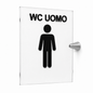 Cartello WC Donna, o Uomo a Bandiera in Plexiglass Trasparente, con Pittogrammi Neri in Rilievo, 15x20 cm, con Supporto in Metallo,