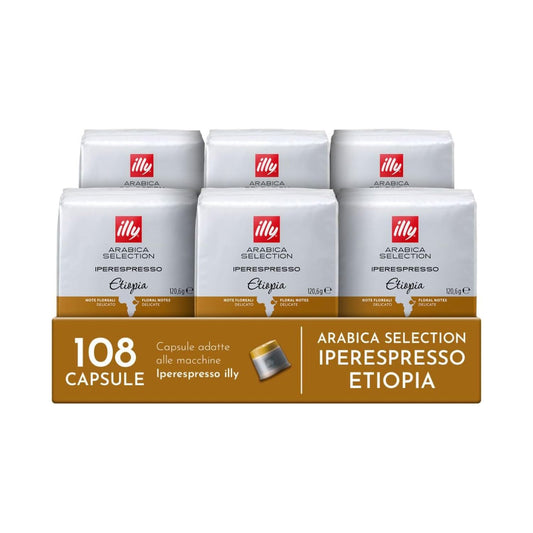 illy, Caffè in Capsule Iperespresso Arabica Selection Etiopia, 100% Arabica con Note di Gelsomino, Fiori d'Arancio e Camomilla, Gusto Delicato, 6 Confezioni da 18 (108 Capsule Totali)