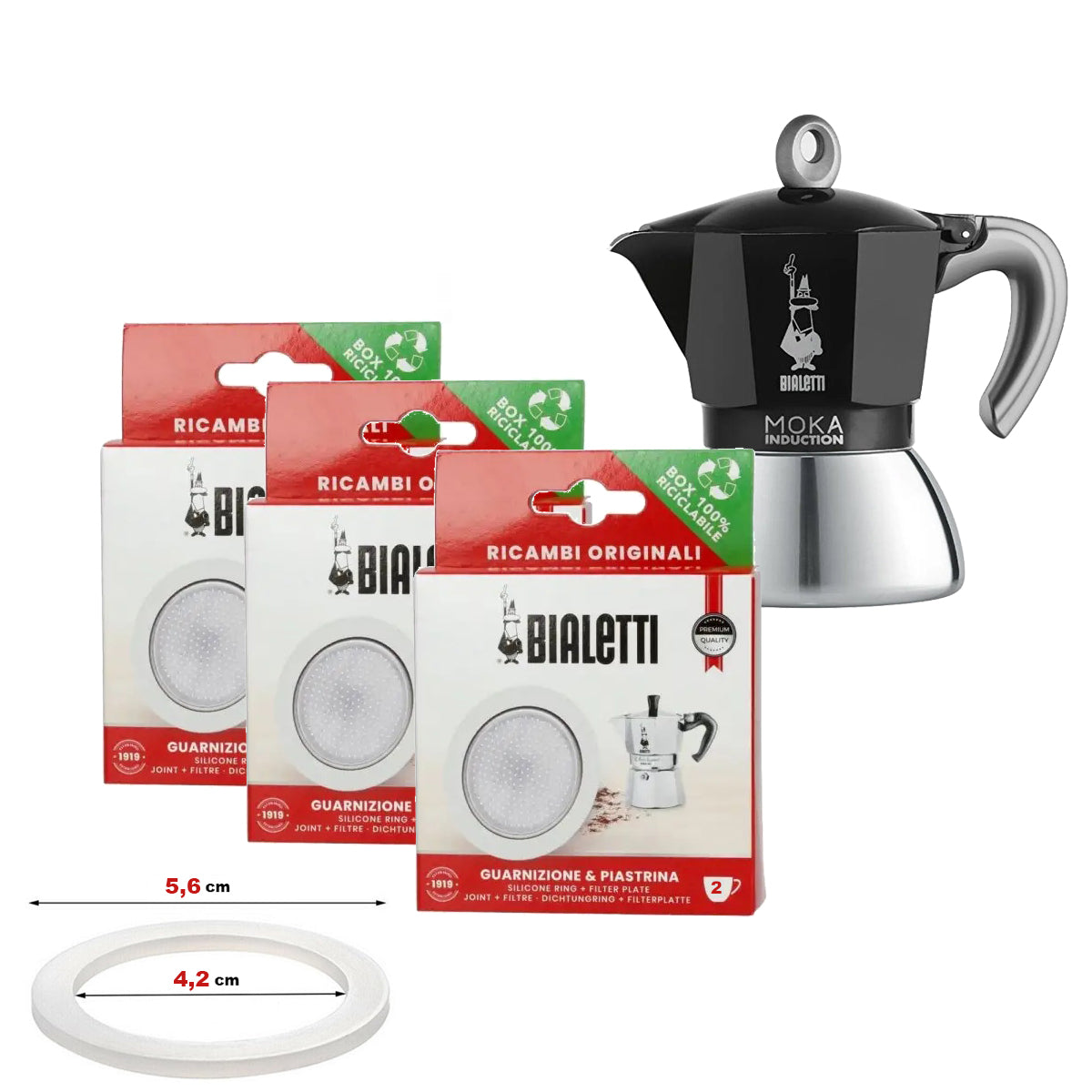 BIALETTI set di 3 Confezioni con 3 Guarnizioni e 3 Piastrine Filtro per Moka Induction, Orzo Express e Brikka | Scegli il formato
