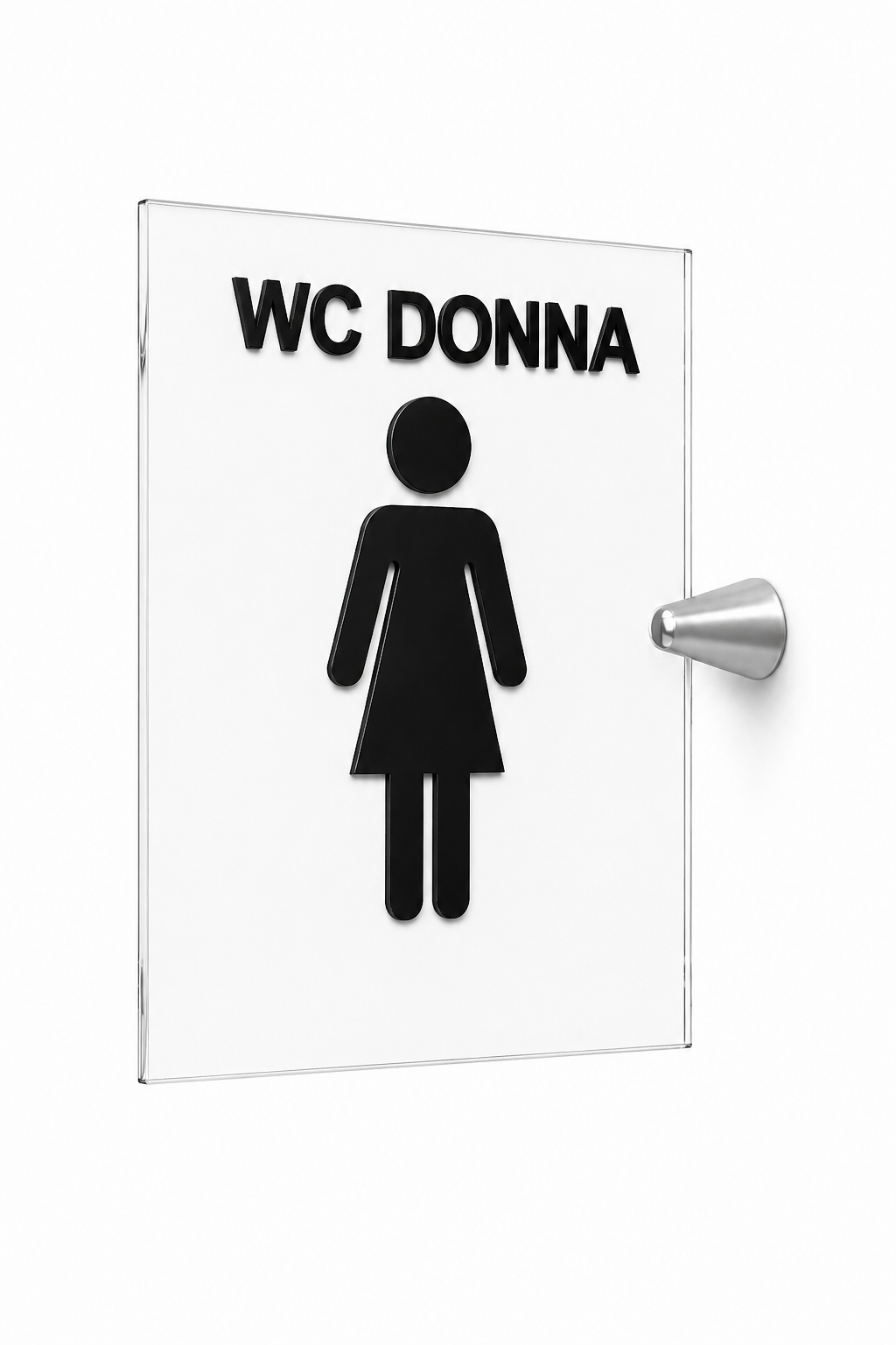 Cartello WC Donna, o Uomo a Bandiera in Plexiglass Trasparente, con Pittogrammi Neri in Rilievo, 15x20 cm, con Supporto in Metallo,