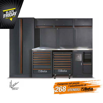 BETA C45PRO 2.0 Arredo Officina Combinazione Completa con Banco Lavoro da 61cm in Acciaio, Pensili, Cassettiera, Armadio + 268 Utensili