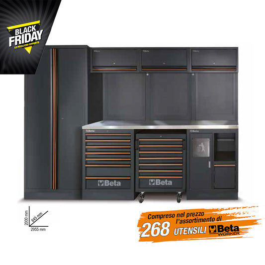 BETA C45PRO 2.0 Arredo Officina Combinazione Completa con Banco Lavoro da 61cm in Acciaio, Pensili, Cassettiera, Armadio + 268 Utensili