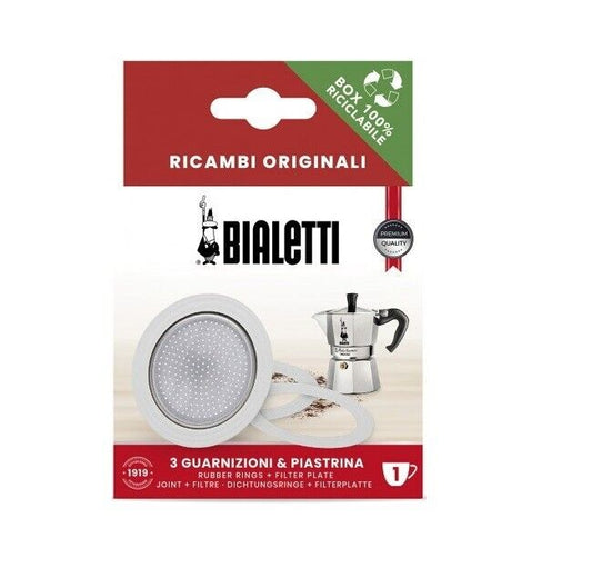Bialetti Ricambi, Include 3 Guarnizioni e 1 Piastrina, Compatibili con Moka Express, Fiammetta, Break, Happy, Dama, Mini Express e Rainbow, 1 Tazza