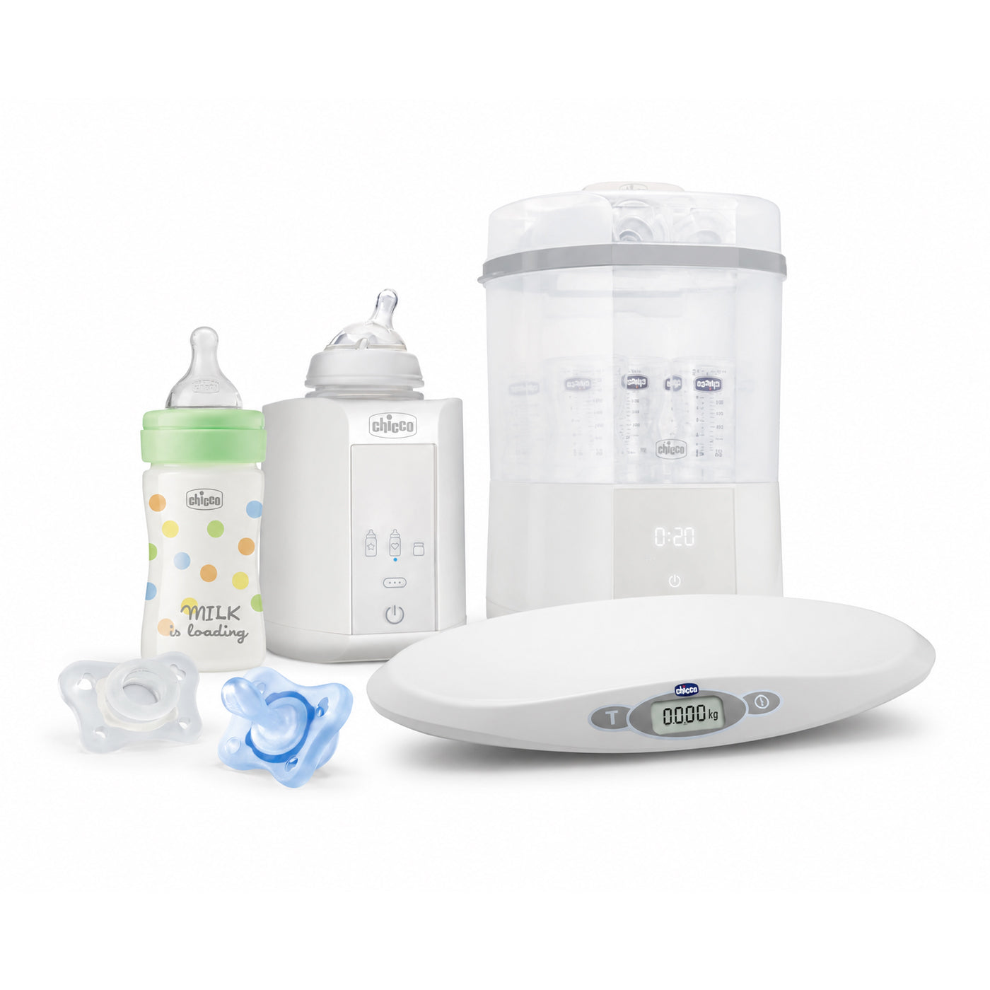 Starker Kiy Chicco: Bilancia, Scaldabiberon, Sterilizzatore con Asciugatura, 1 Biberon, 2 Gommotti Ciuccio 0Mesi+ - Tutto il necessario per il tuo Neonato